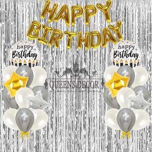 Birthday Party Kit with Fringe Curtain,Birthday Sign, Latex and Foil Balloons